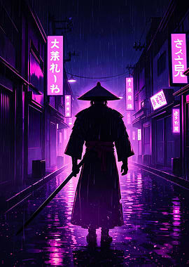 Cyberpunk Samurai in Rainy Neon Alley