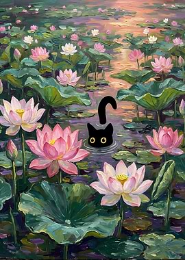 Cat in Lotus Pond Painting