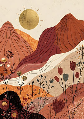 Boho Mountain Landscape with Floral Elements