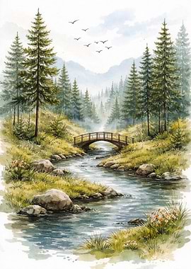 Watercolor Landscape with Bridge and River