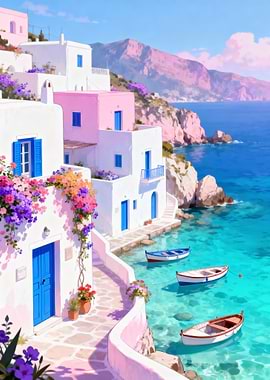 Coastal Village with Boats and Flowers