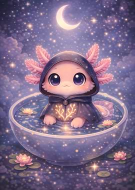 Cute Axolotl in Bowl Under Moon
