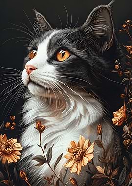 Elegant Cat Portrait with Floral Accents