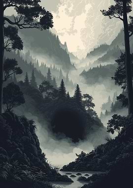 Monochromatic Mountain Forest Landscape with Mist