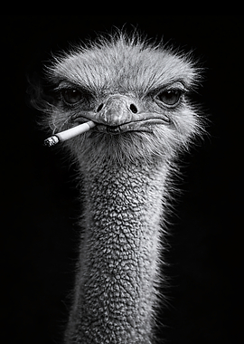 Smoking Ostrich Portrait in Black and White