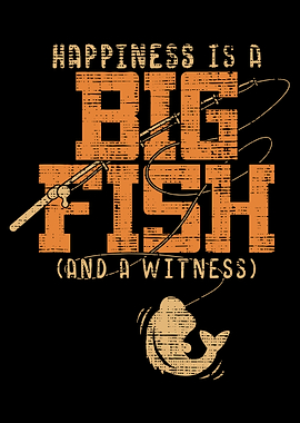 Happiness Is a Big Fish Poster, Fishing Quote Wall Art, Rustic Angler Cabin Decor Print