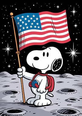 Snoopy on the Moon with US Flag