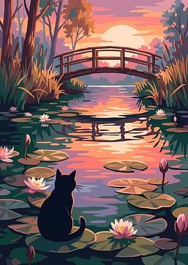 Black cat in a lily pond