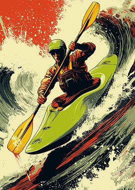 Kayaker in Action on Wavy Water