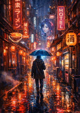 Rainy Japanese Street with Figure