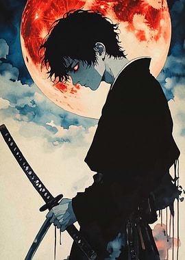 Anime Swordsman Under Blood Moon