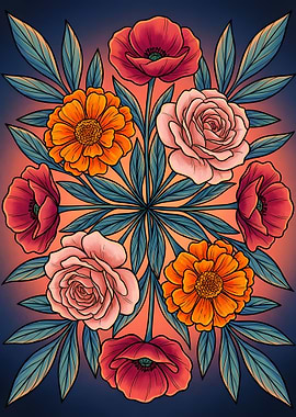 Floral Arrangement with Roses, Poppies, Marigolds