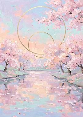 Cherry Blossoms Along a River – Japanese Landscape Pastel Art