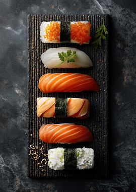 Assorted Sushi on Dark Textured Plate