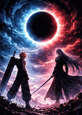 Cloud vs Sephiroth under a dark sun