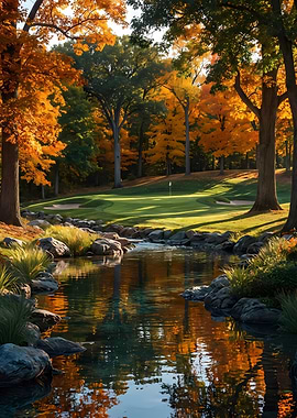 Autumn Golf Course Landscape with Stream