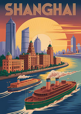 Shanghai Cityscape with River and Boats