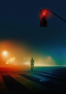 Man walking at night with traffic light