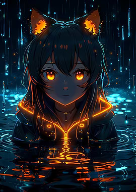 Anime Girl with Fox Ears in Rain
