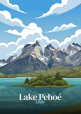 Lake Pehoé, Chile Landscape Illustration