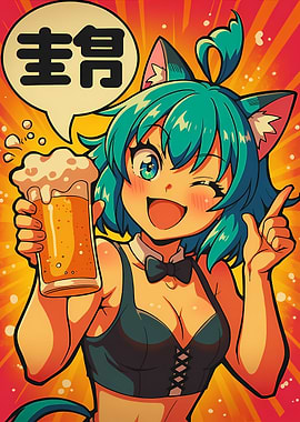 Anime Cat Girl with Beer