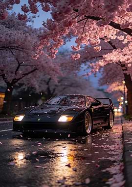 Black Ferrari F40 under Cherry Blossoms