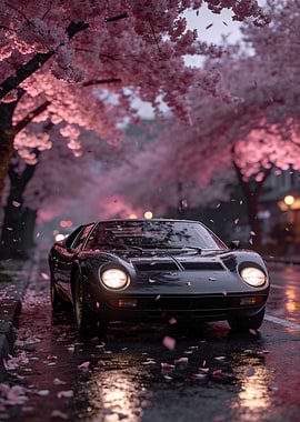 Lamborghini Miura under cherry blossoms