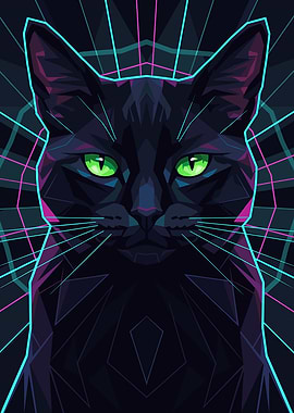 Geometric Black Cat with Neon Accents
