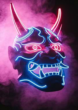 Neon 80s Oni Mask in Smoky Atmosphere