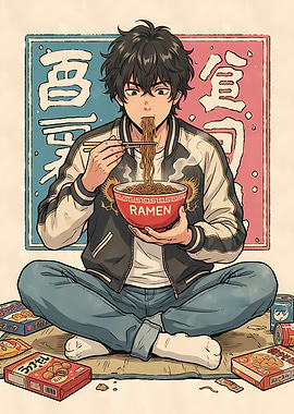Anime Boy Eating Ramen Illustration