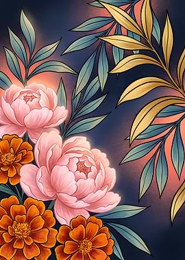 Floral arrangement with peonies and marigolds