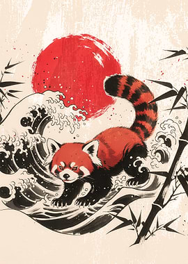 Red Panda with Japanese Wave and Sun