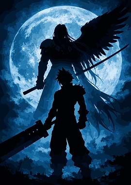 Cloud and Sephiroth Silhouette Under Moonlight