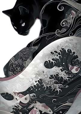 Black Cat and Ocean Waves Art