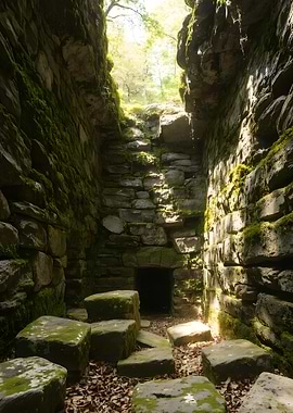 Mossy Stone Passage with Light Beam