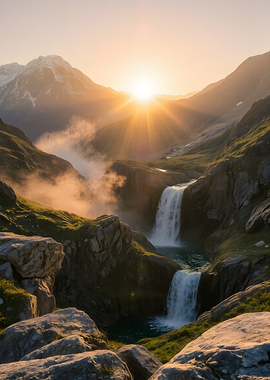 Mountain Waterfall at Sunrise