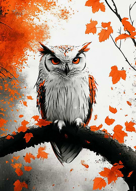 Owl Perched on Branch with Orange Leaves