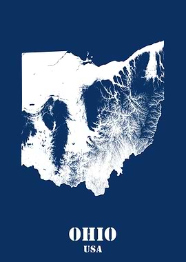 Ohio USA State Minimalist White Topographic Contour Relief Map featuring terrain on navy blue background
