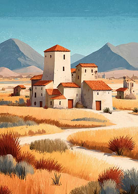 Rural Village Landscape with Tower