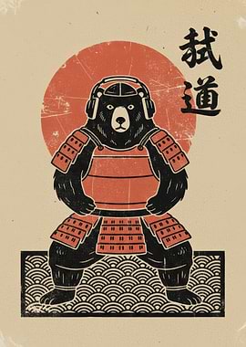 Samurai Bear with Headphones Illustration