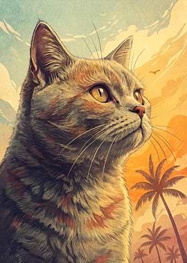 Cat Portrait with Tropical Background