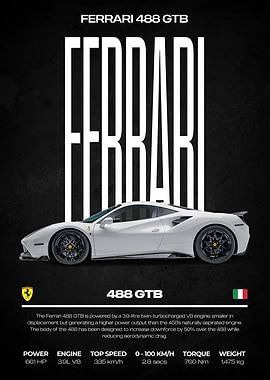 Ferrari 488 GTB White Car Poster