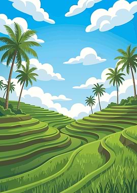 Green Rice Terraces with Palm Trees