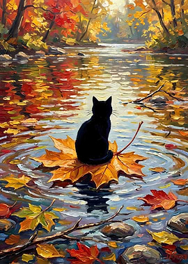 Black Cat on Autumn Leaf Painting