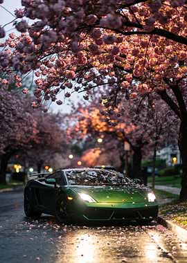 Green Lamborghini under Cherry Blossoms