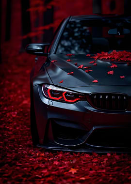 Sleek Car with Autumn Leaves