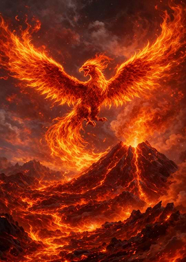 Fiery Phoenix Rising from Volcanic Landscape