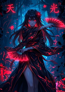 Anime Girl with Fans in Dark Forest