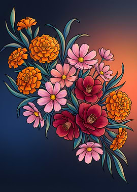 Floral Bouquet with Marigolds and Cosmos