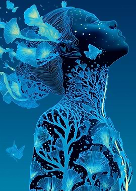 Blue ethereal woman with nature elements